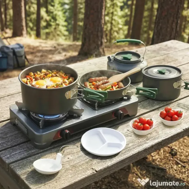 Outsunny Set de Oale Camping, 4-5 Persoane, Oțel Inoxidabil, 20.5 x 20.5 x 15.5 cm, Gri | Aosom Romania