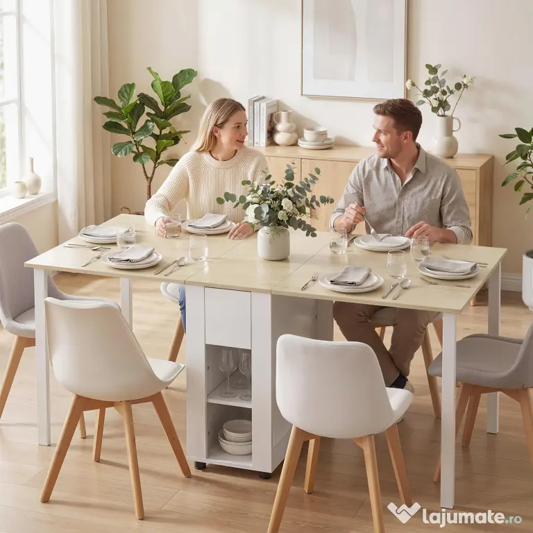 HOMCOM Masă Pliabilă pentru 6 Persoane cu 2 Sertare și 4 Rafturi | Aosom Romania