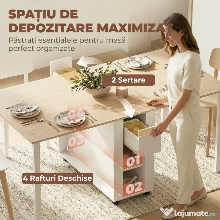 HOMCOM Masă Pliabilă pentru 6 Persoane cu 2 Sertare și 4 Rafturi | Aosom Romania