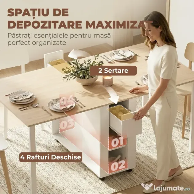 HOMCOM Masă Pliabilă pentru 6 Persoane cu 2 Sertare și 4 Rafturi | Aosom Romania