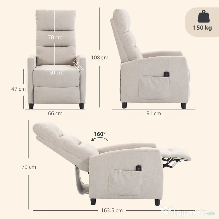 HOMCOM Fotoliu Masaj Reclinabil Manual 160°, Chenille, Suport Picioare, Telecomandă, Buzunare, Crem | Aosom Romania