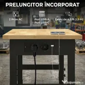 HOMCOM Masă de Lucru Reglabilă 122 cm, Blat Robust din Lemn de Cauciuc, 2 Prize AC și 2 Porturi USB, Panou Perforat, Capacitate 900 kg, pentru Garaj, Atelier și Casă | Aosom Romania 