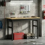 HOMCOM Masă de Lucru Reglabilă 122 cm, Blat Robust din Lemn de Cauciuc, 2 Prize AC și 2 Porturi USB, Panou Perforat, Capacitate 900 kg, pentru Garaj, Atelier și Casă | Aosom Romania 
