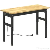 HOMCOM Masă de Lucru Reglabilă 122 cm, Blat Robust din Lemn de Cauciuc, 2 Prize AC și 2 Porturi USB, Panou Perforat, Capacitate 900 kg, pentru Garaj, Atelier și Casă