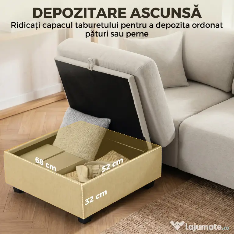 HOMCOM Canapea de Colț 3 Locuri, Respirabilă, cu Taburet cu Depozitare, Bej | Aosom Romania
