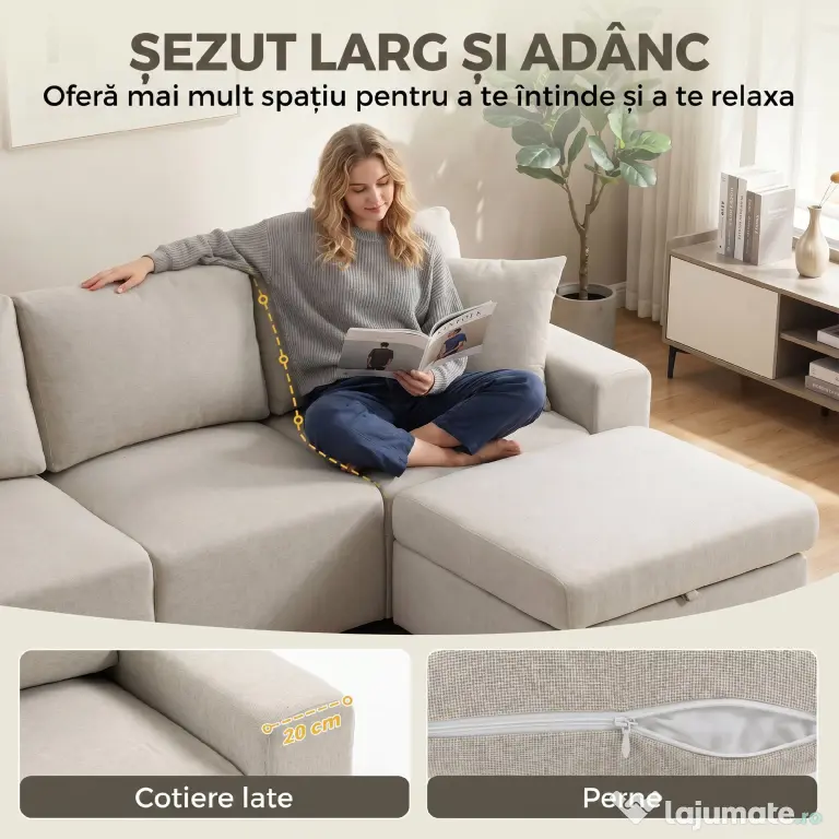 HOMCOM Canapea de Colț 3 Locuri, Respirabilă, cu Taburet cu Depozitare, Bej | Aosom Romania