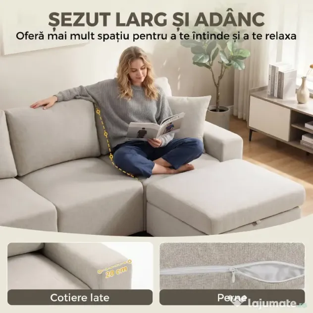 HOMCOM Canapea de Colț 3 Locuri, Respirabilă, cu Taburet cu Depozitare, Bej | Aosom Romania