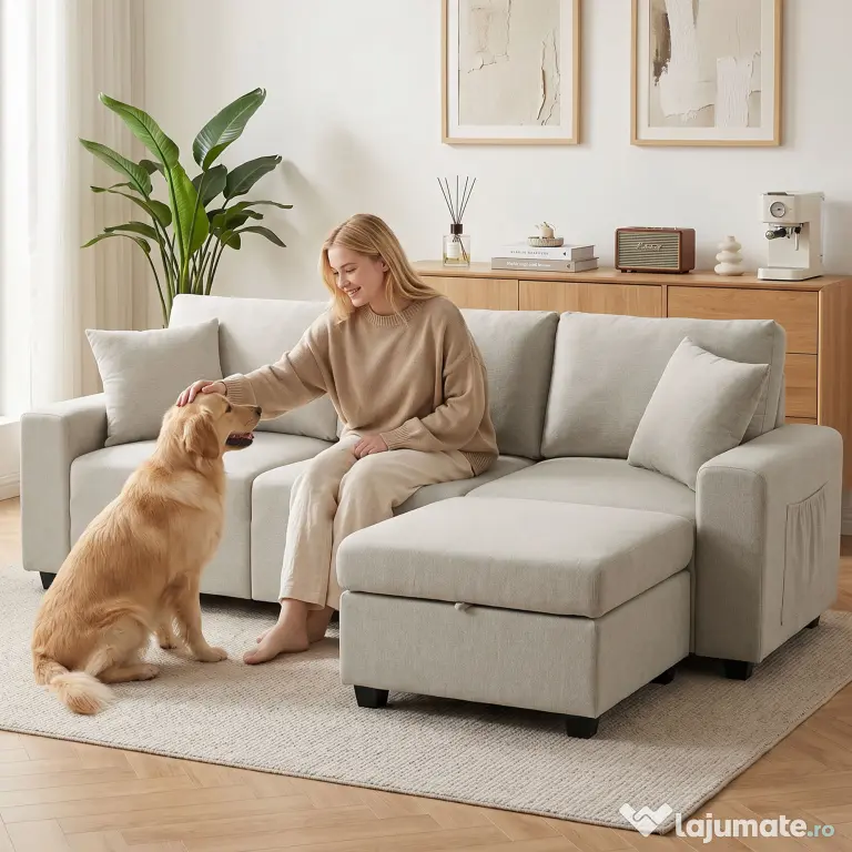 HOMCOM Canapea de Colț 3 Locuri, Respirabilă, cu Taburet cu Depozitare, Bej | Aosom Romania