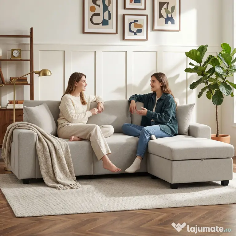 HOMCOM Canapea de Colț 3 Locuri, Respirabilă, cu Taburet cu Depozitare, Bej | Aosom Romania