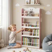AIYAPLAY Bibliotecă Montessori Copii 3-6 Ani, Tematică Vată de Zahăr, 4 Rafturi din Lemn, Cameră Copii, Roz | Aosom Romania