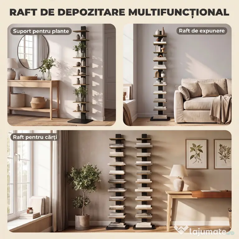 HOMCOM Bibliotecă Tip Turn Multifuncțională cu 11 Rafturi, Maro Rustic