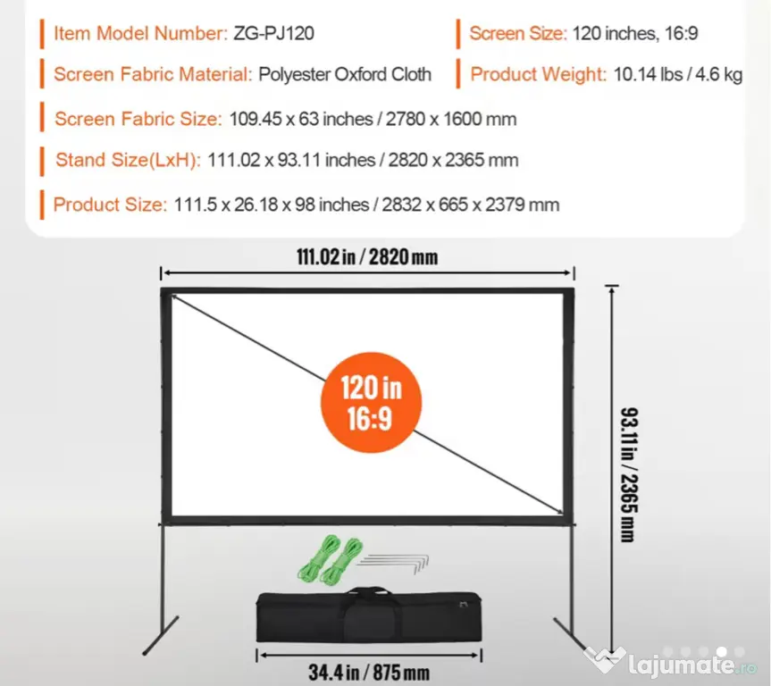 Ecran proiectie videoproiector 120 inci diagonala 3m