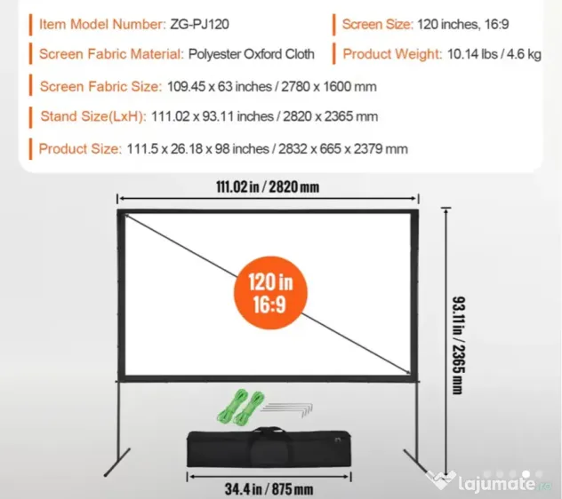 Ecran proiectie videoproiector 120 inci diagonala 3m