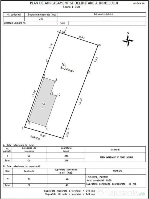 Teren 250 mp, deschidere 10m, Antiaeriana, casa demolabila