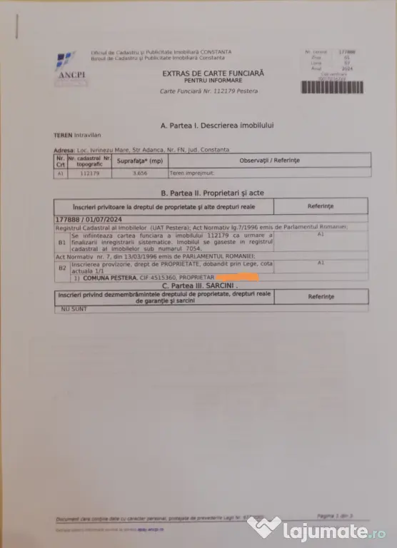 Vând Teren intravilan - 1650 mp, loc. Ivrinezu Mare, jud. Constanța