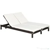 Outsunny Sezlong cu 2 Locuri din PE Ratan Maro cu Saltea Alba 195 x 120 x 28 cm