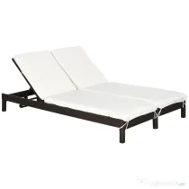 Outsunny Sezlong cu 2 Locuri din PE Ratan Maro cu Saltea Alba 195 x 120 x 28 cm