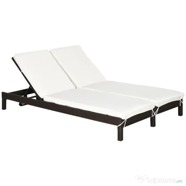 Outsunny Sezlong cu 2 Locuri din PE Ratan Maro cu Saltea Alba 195 x 120 x 28 cm
