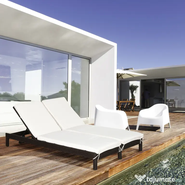 Outsunny Sezlong cu 2 Locuri din PE Ratan Maro cu Saltea Alba 195 x 120 x 28 cm