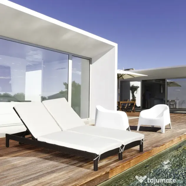 Outsunny Sezlong cu 2 Locuri din PE Ratan Maro cu Saltea Alba 195 x 120 x 28 cm