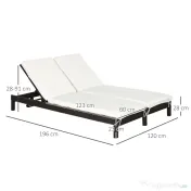 Outsunny Sezlong cu 2 Locuri din PE Ratan Maro cu Saltea Alba 195 x 120 x 28 cm