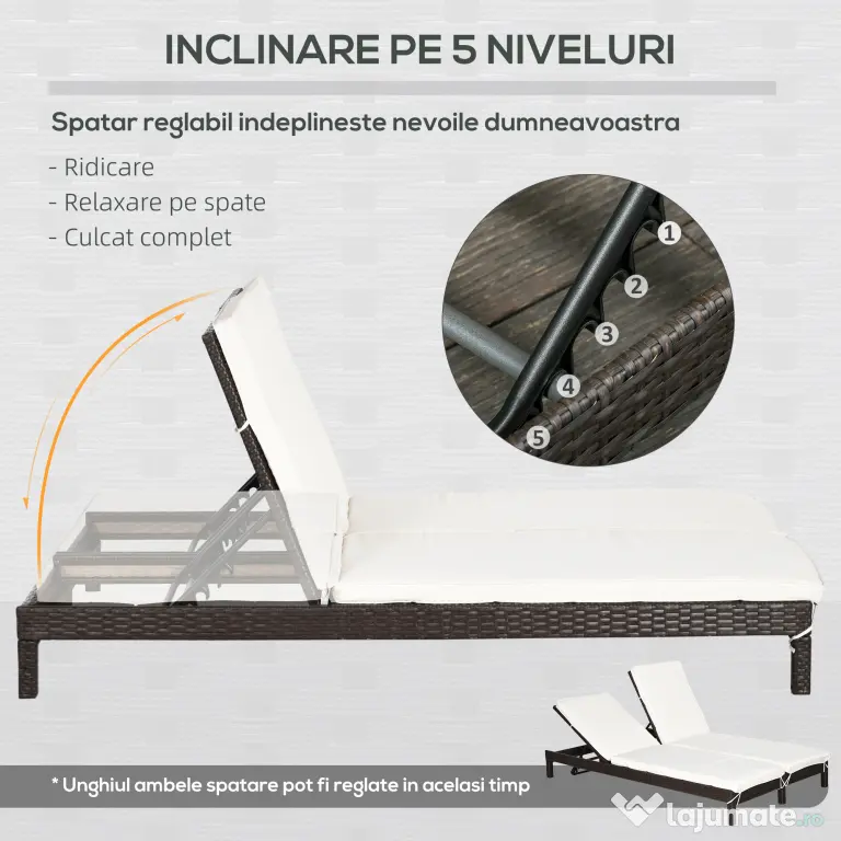 Outsunny Sezlong cu 2 Locuri din PE Ratan Maro cu Saltea Alba 195 x 120 x 28 cm