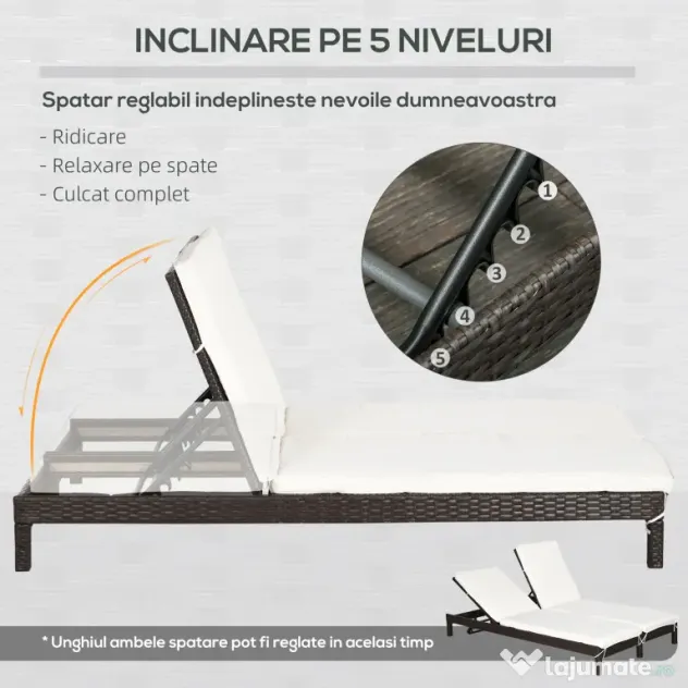 Outsunny Sezlong cu 2 Locuri din PE Ratan Maro cu Saltea Alba 195 x 120 x 28 cm