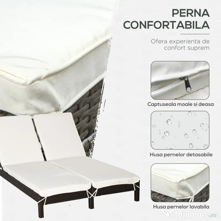 Outsunny Sezlong cu 2 Locuri din PE Ratan Maro cu Saltea Alba 195 x 120 x 28 cm