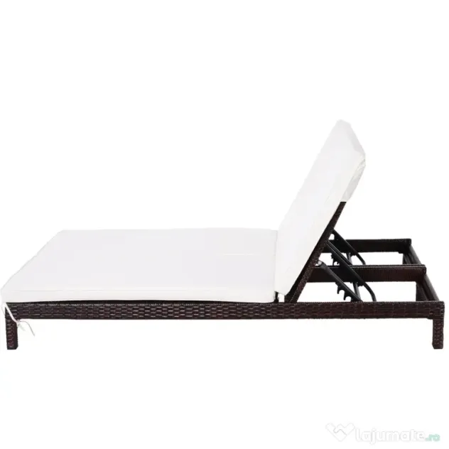 Outsunny Sezlong cu 2 Locuri din PE Ratan Maro cu Saltea Alba 195 x 120 x 28 cm