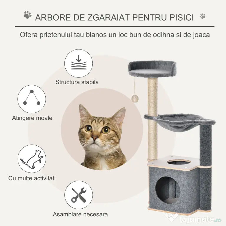 PawHut Ansamblu de joaca pentru pisici, Lemn/Plush, 48 x 34 x 95 cm, Gri