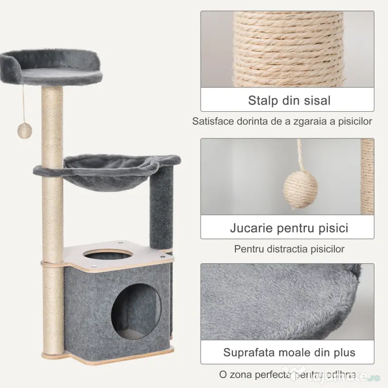 PawHut Ansamblu de joaca pentru pisici, Lemn/Plush, 48 x 34 x 95 cm, Gri