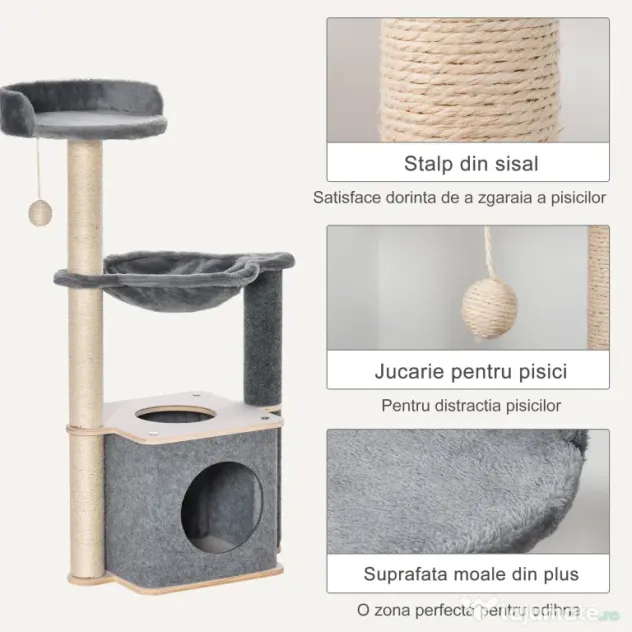 PawHut Ansamblu de joaca pentru pisici, Lemn/Plush, 48 x 34 x 95 cm, Gri