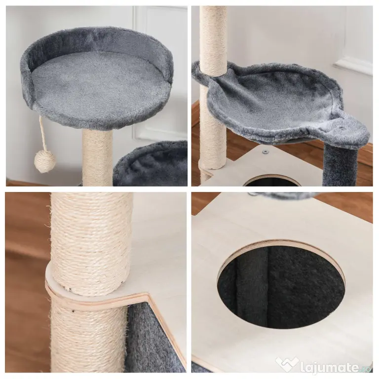 PawHut Ansamblu de joaca pentru pisici, Lemn/Plush, 48 x 34 x 95 cm, Gri