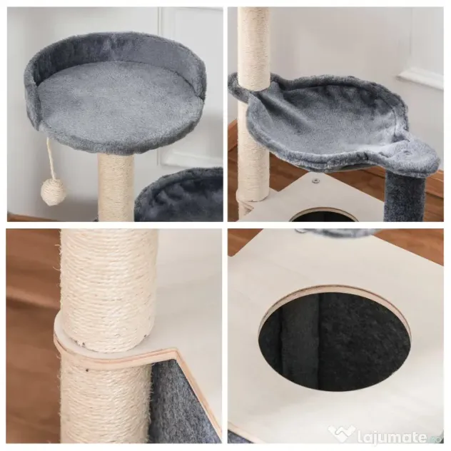 PawHut Ansamblu de joaca pentru pisici, Lemn/Plush, 48 x 34 x 95 cm, Gri