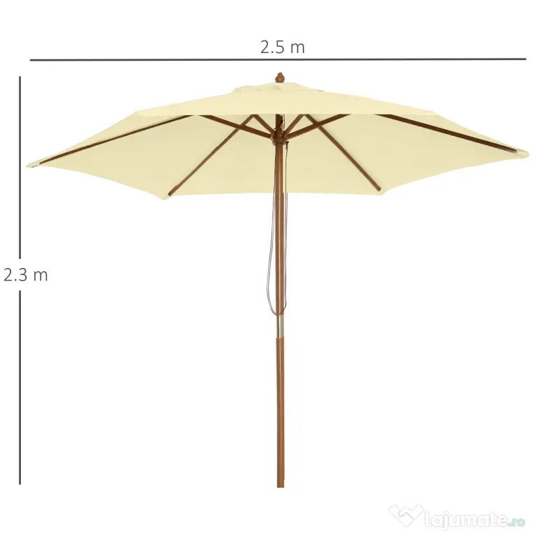 Outsunny Umbrelă de Grădină Pătrată cu Cadru din Lemn, pentru Terasă, Curte sau Piscină, Protecție Solară, 2.5x2.5 m, Crem