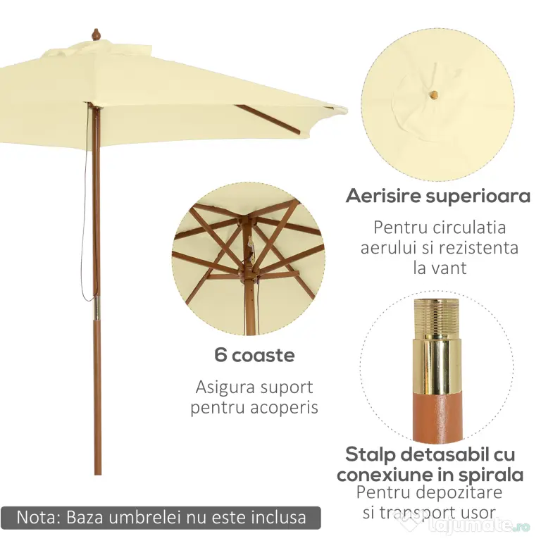 Outsunny Umbrelă de Grădină Pătrată cu Cadru din Lemn, pentru Terasă, Curte sau Piscină, Protecție Solară, 2.5x2.5 m, Crem