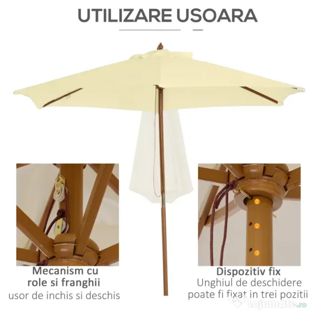 Outsunny Umbrelă de Grădină Pătrată cu Cadru din Lemn, pentru Terasă, Curte sau Piscină, Protecție Solară, 2.5x2.5 m, Crem