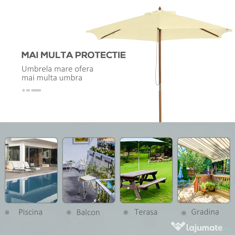 Outsunny Umbrelă de Grădină Pătrată cu Cadru din Lemn, pentru Terasă, Curte sau Piscină, Protecție Solară, 2.5x2.5 m, Crem