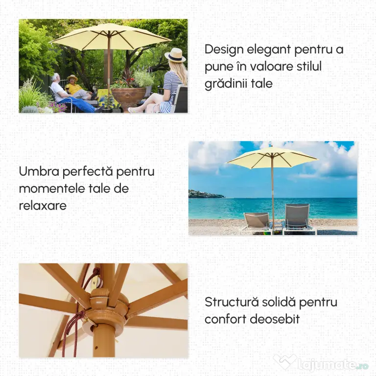 Outsunny Umbrelă de Grădină Pătrată cu Cadru din Lemn, pentru Terasă, Curte sau Piscină, Protecție Solară, 2.5x2.5 m, Crem