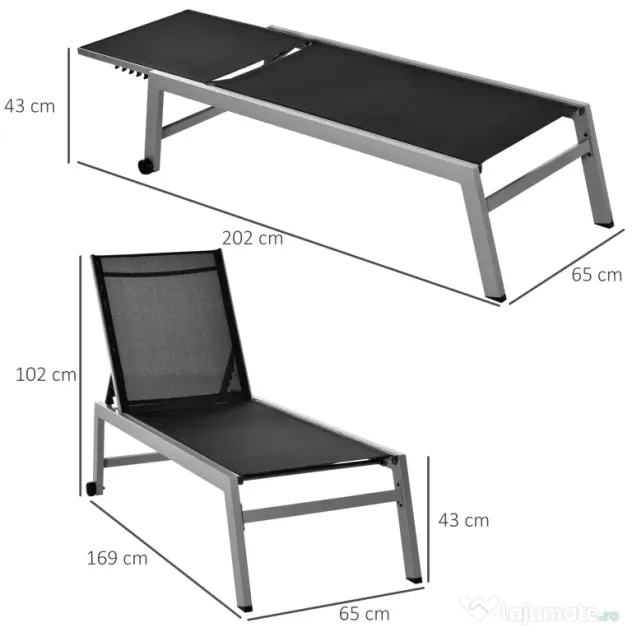Sezlong Outsunny Pat de Plaja pliabil cu bureta in textilene Negru si Argintiu