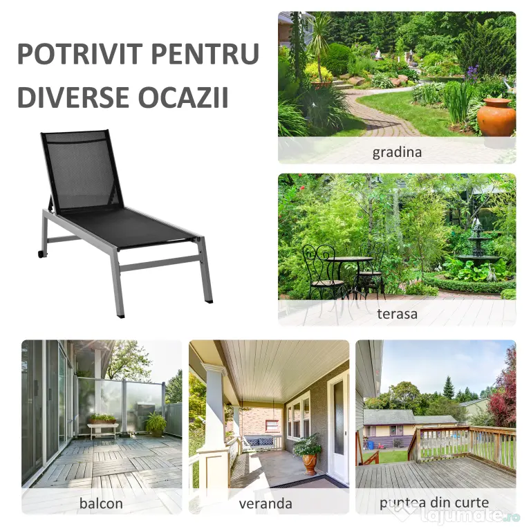 Sezlong Outsunny Pat de Plaja pliabil cu bureta in textilene Negru si Argintiu