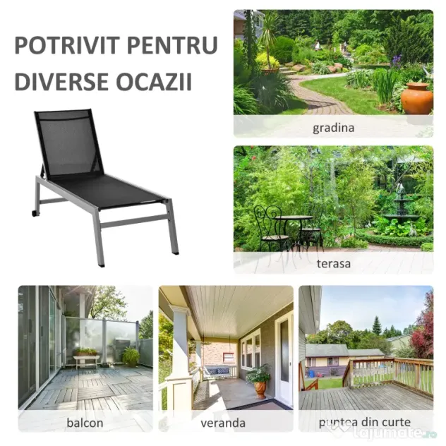 Sezlong Outsunny Pat de Plaja pliabil cu bureta in textilene Negru si Argintiu