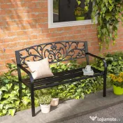 Outsunny Banca de gradina din metal cu spătar decorat, 127x60x87cm – negru 