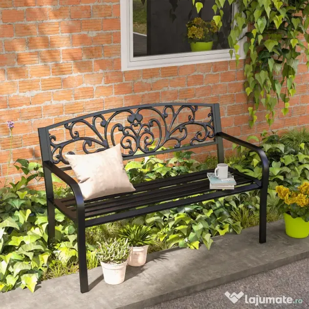 Outsunny Banca de gradina din metal cu spătar decorat, 127x60x87cm – negru