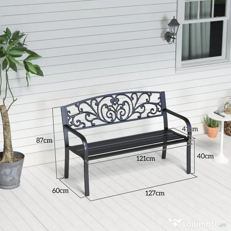 Outsunny Banca de gradina din metal cu spătar decorat, 127x60x87cm – negru