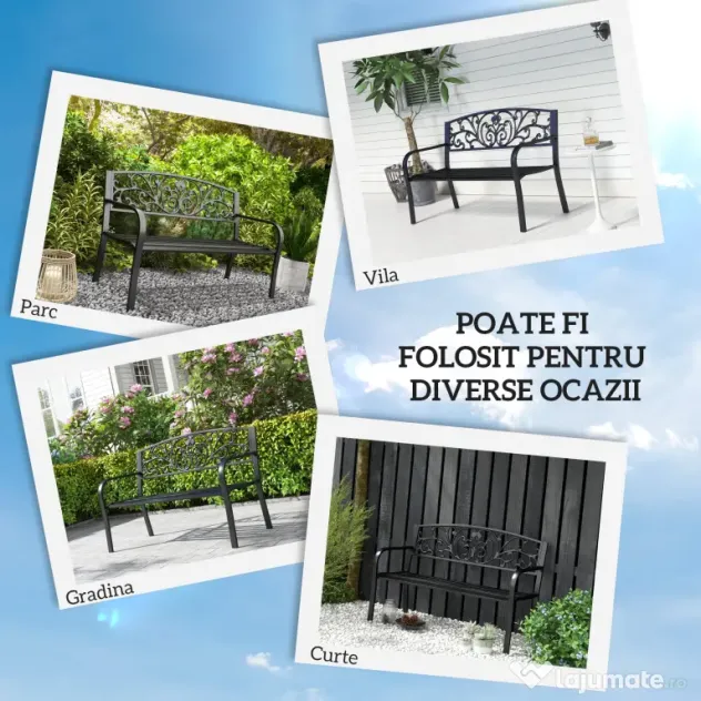 Outsunny Banca de gradina din metal cu spătar decorat, 127x60x87cm – negru