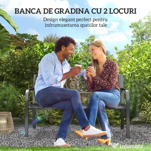 Outsunny Banca de gradina din metal cu spătar decorat, 127x60x87cm – negru