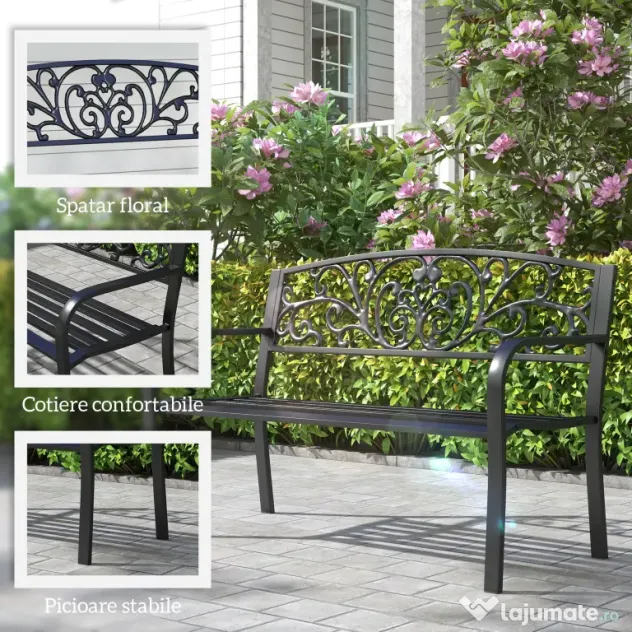 Outsunny Banca de gradina din metal cu spătar decorat, 127x60x87cm – negru