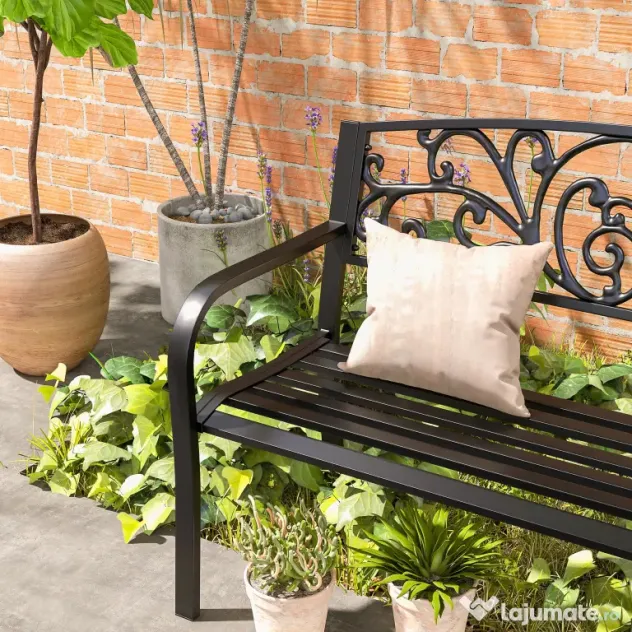 Outsunny Banca de gradina din metal cu spătar decorat, 127x60x87cm – negru