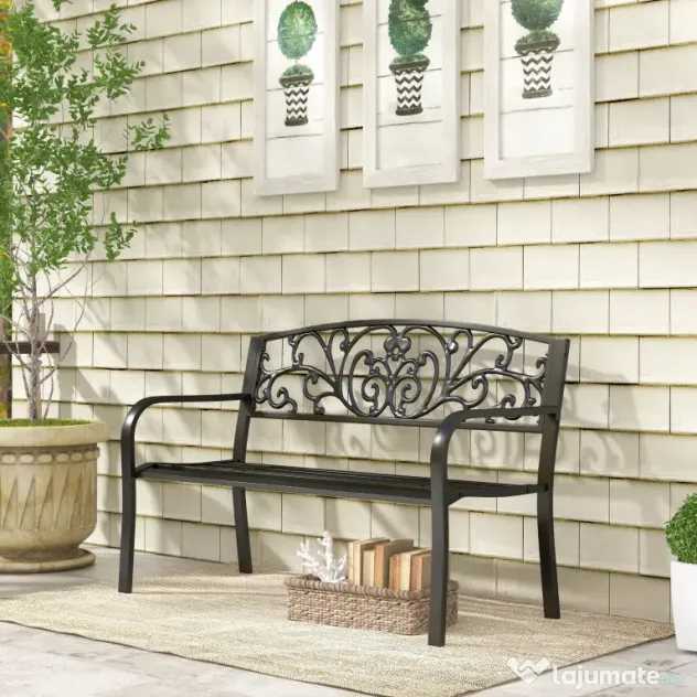 Outsunny Banca de gradina din metal cu spătar decorat, 127x60x87cm – negru